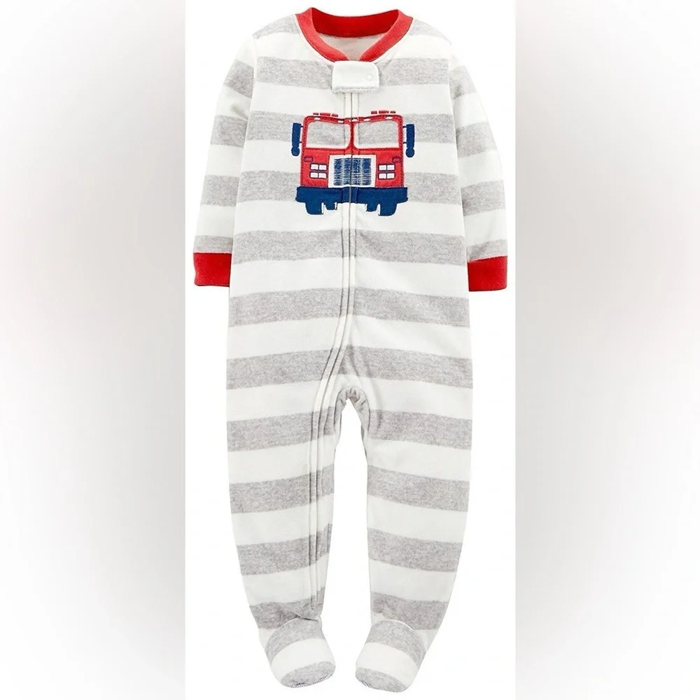 NWT‎ CARTER'S Toddler Boys' Firetruck Striped Microfleece Footie Pajamas Size 2T